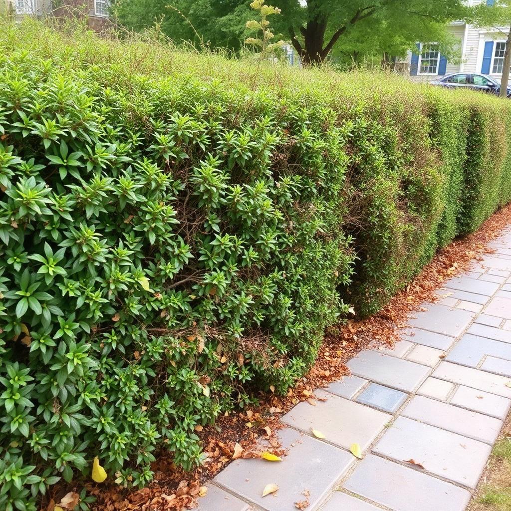 Hedges trimmed and pathway cleared — before